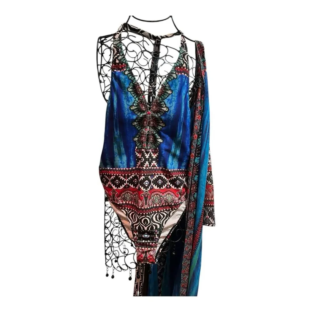 VENUS One Piece Snakeskin Suit + BOHO Rhinestone BEACH MAXI DRESS COVER (10/XL)